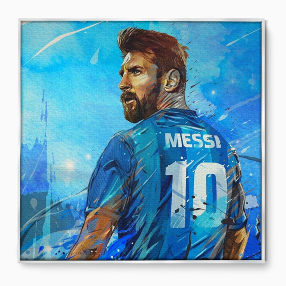 Tablou canvas cu ilustratie digitala cu messi, in rama de aluminiu argintiu